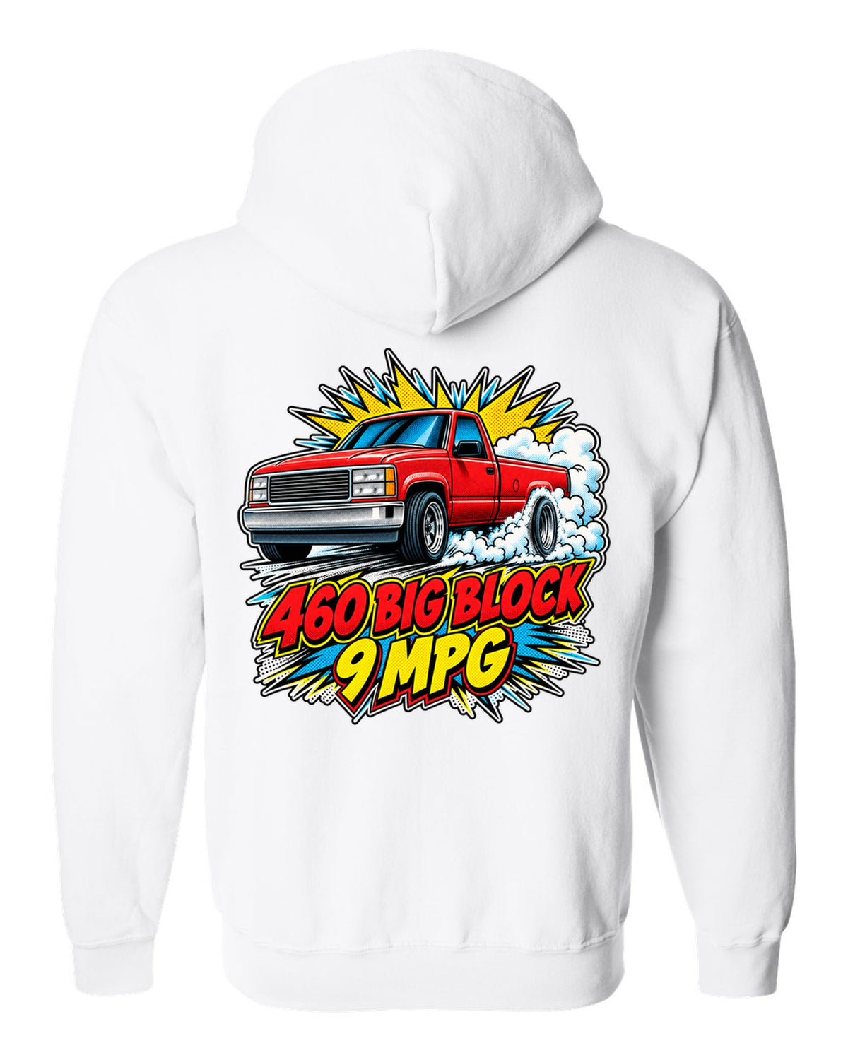 Comic halftone pop-art print of a 1992-97 Ford F-150 OBS burnout with 460 big block text white zip hoodie back view with the design