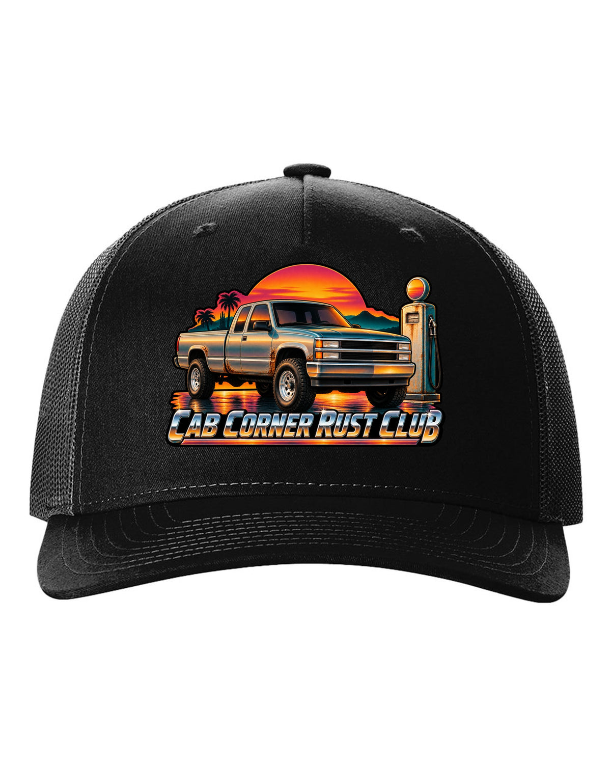 70s airbrush sunset gas pump print of a 1988-1998 Chevrolet OBS Silverado with Cab Corner Rust Club text black hat front view with the design