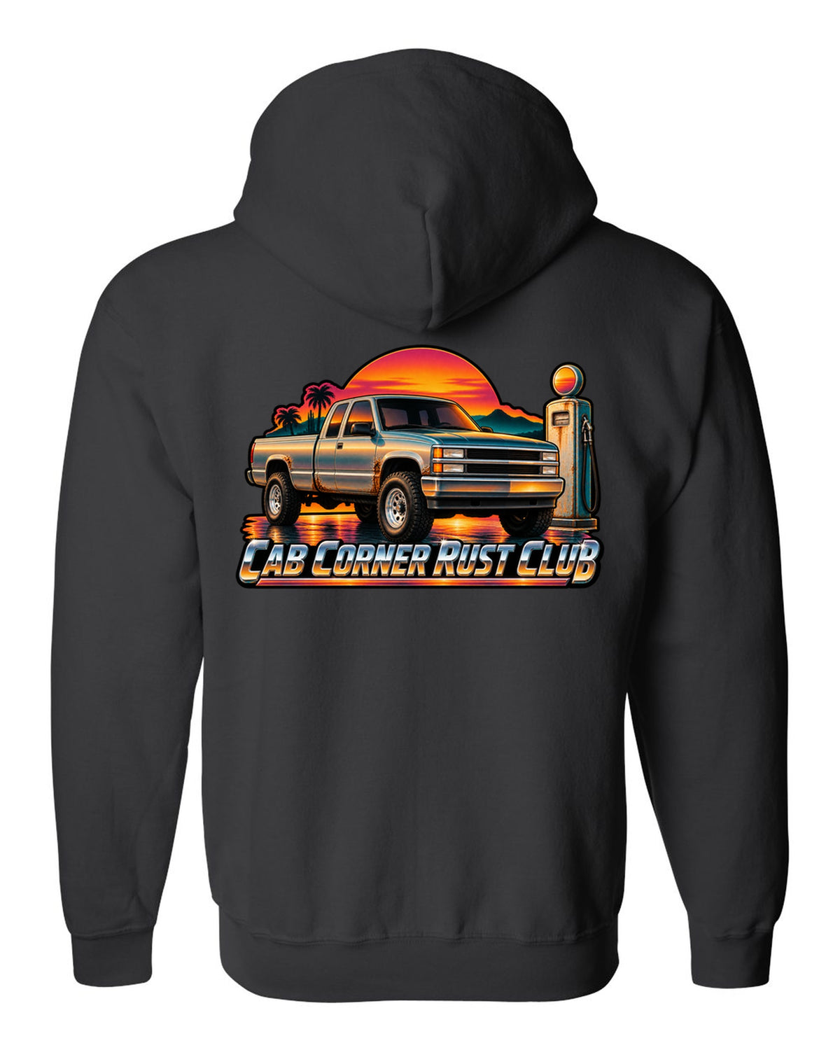 70s airbrush sunset gas pump print of a 1988-1998 Chevrolet OBS Silverado with Cab Corner Rust Club text black zip hoodie back view with the design
