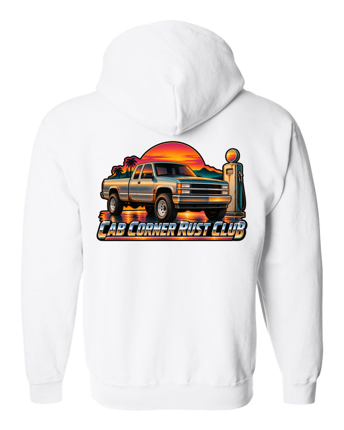 70s airbrush sunset gas pump print of a 1988-1998 Chevrolet OBS Silverado with Cab Corner Rust Club text white zip hoodie back view with the design