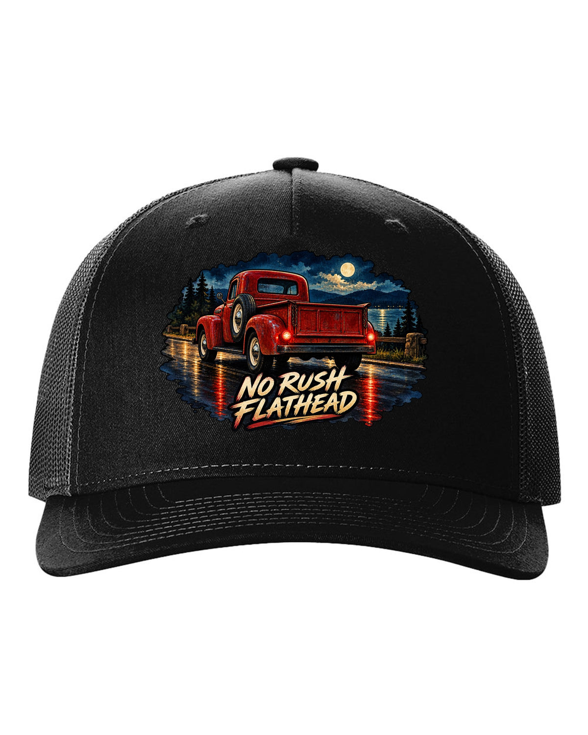 Watercolour wet-road night print of a red Dodge Power Wagon WM300 flat fender black hat front view with the design