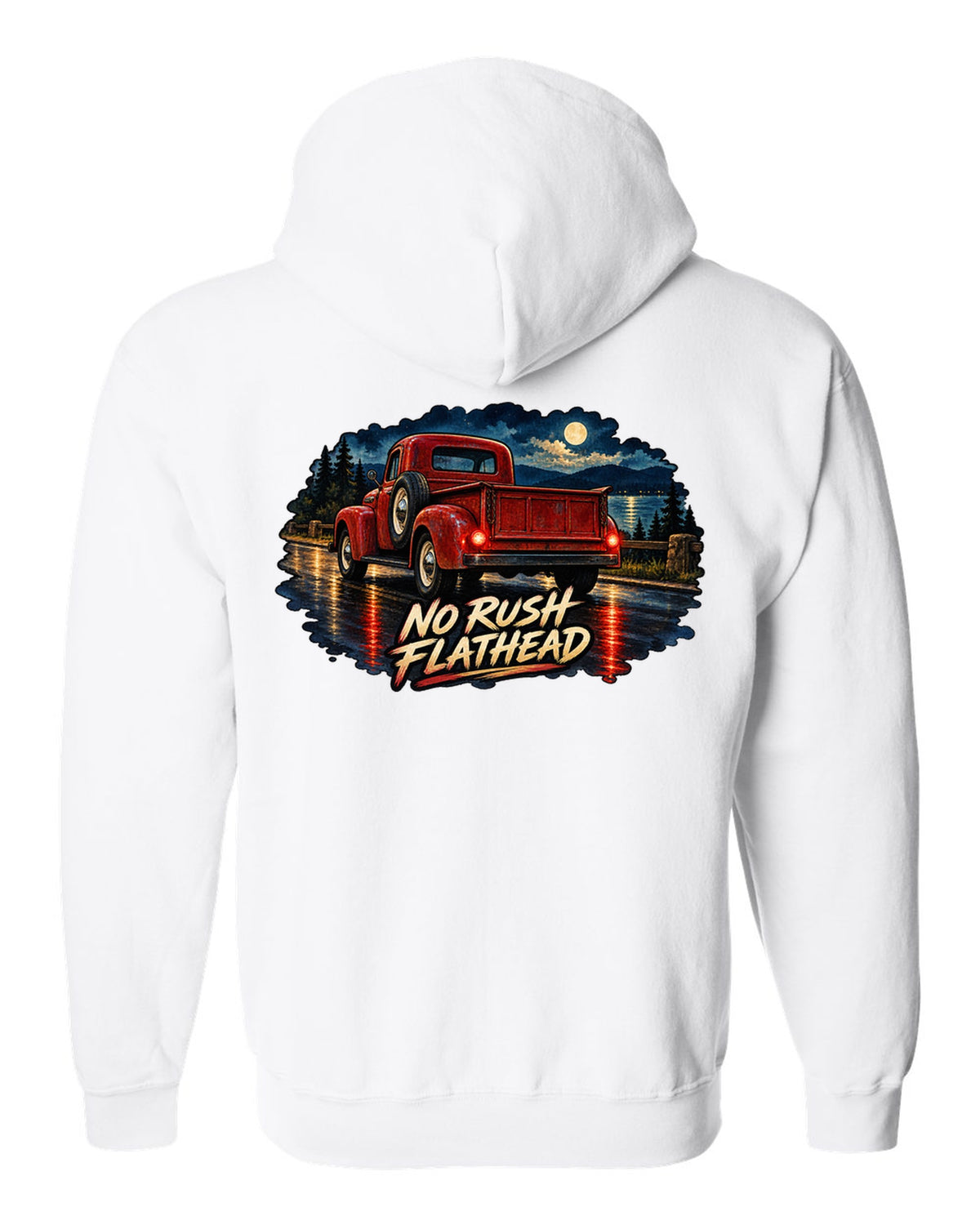 Watercolour wet-road night print of a red Dodge Power Wagon WM300 flat fender white zip hoodie back view with the design
