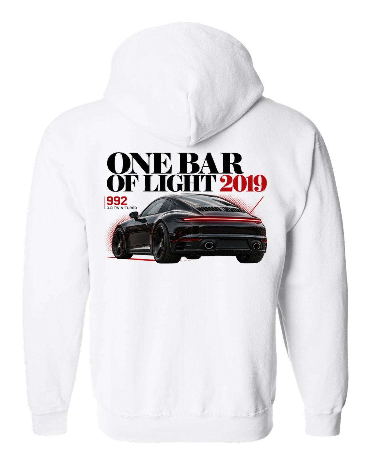 Editorial headline print of a Porsche 911 Carrera S 992 with One Bar Of Light caption white zip hoodie back view with the design