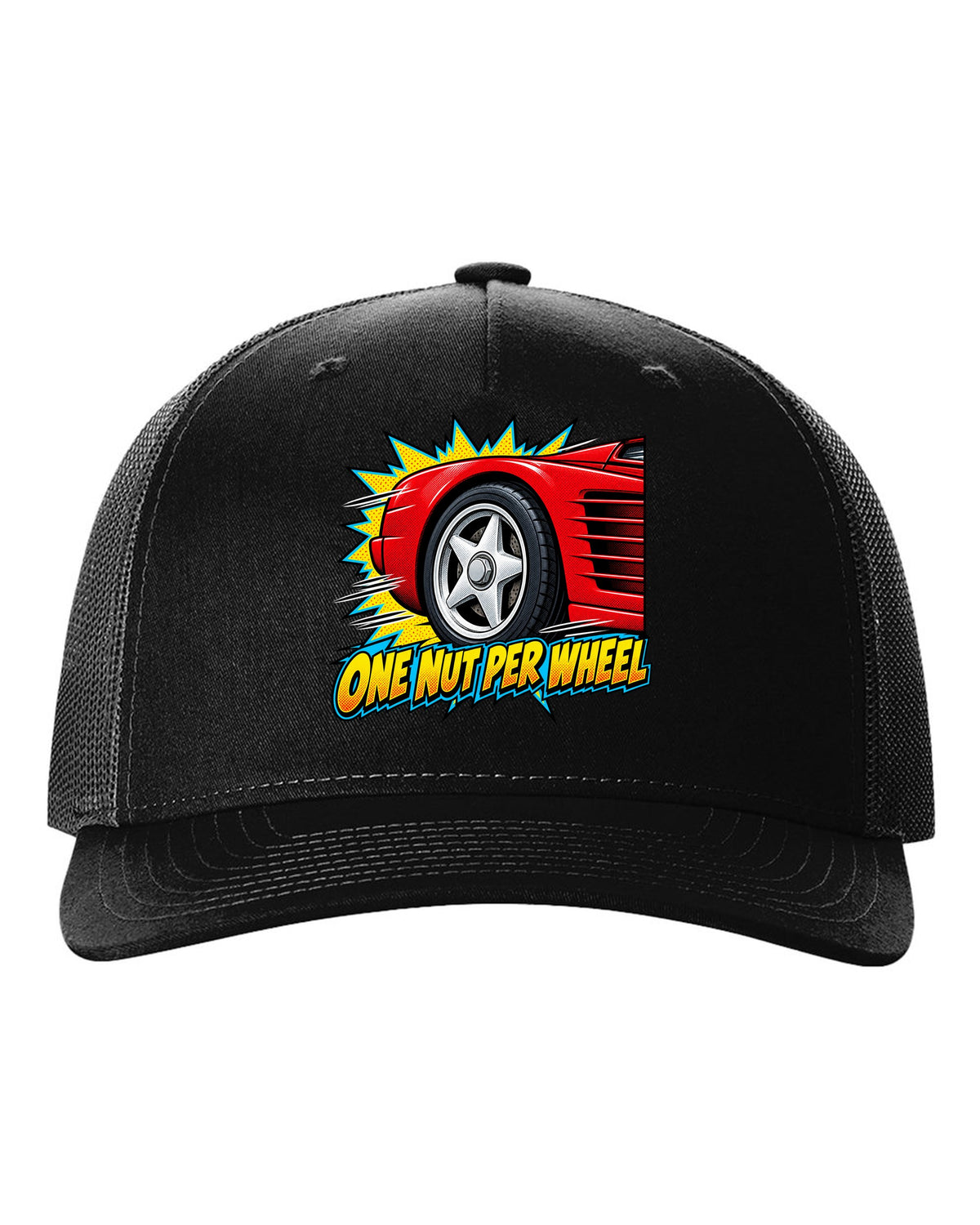 Comic halftone pop art of a Ferrari Testarossa five-star wheel black hat front view with the design
