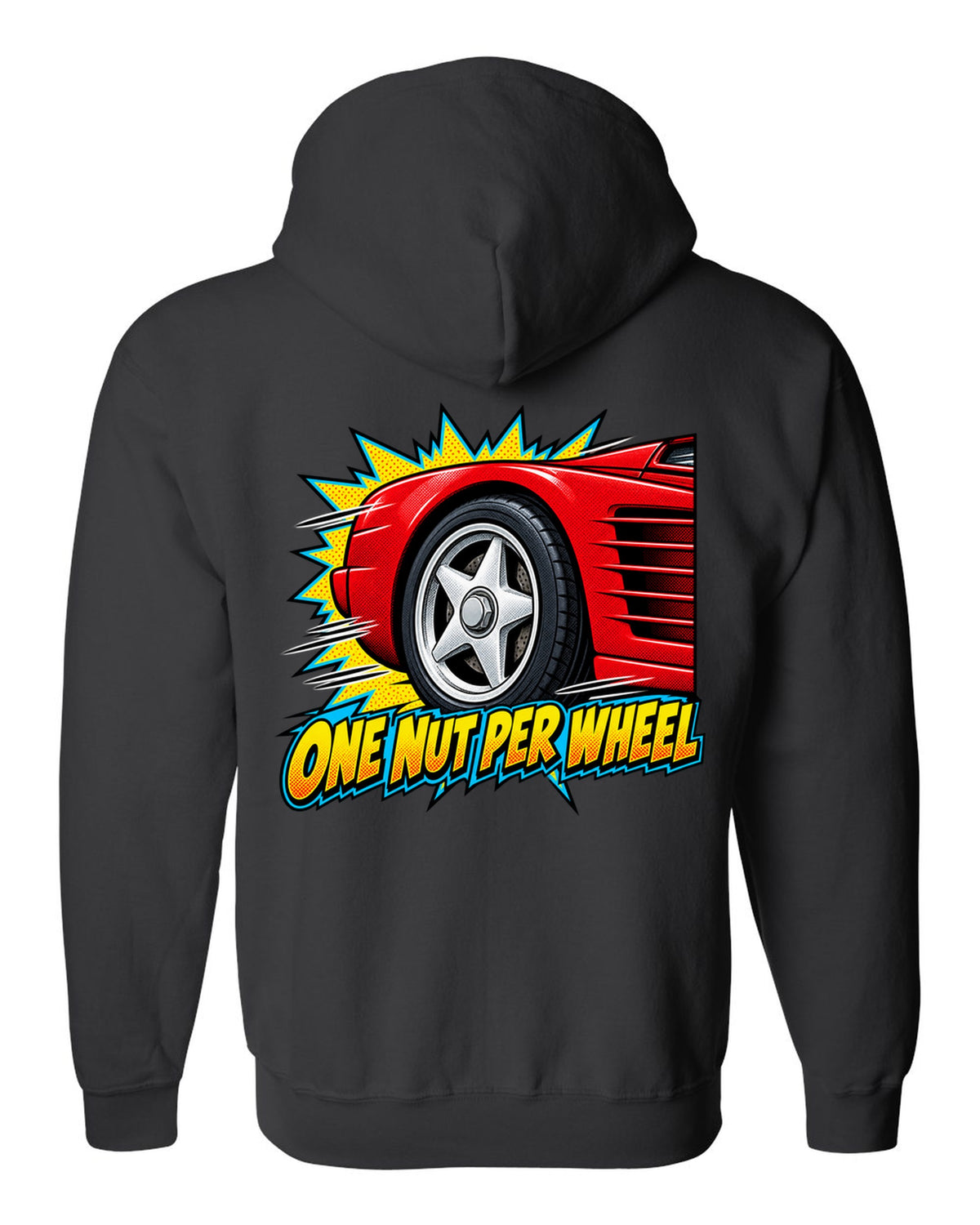 Comic halftone pop art of a Ferrari Testarossa five-star wheel black zip hoodie back view with the design