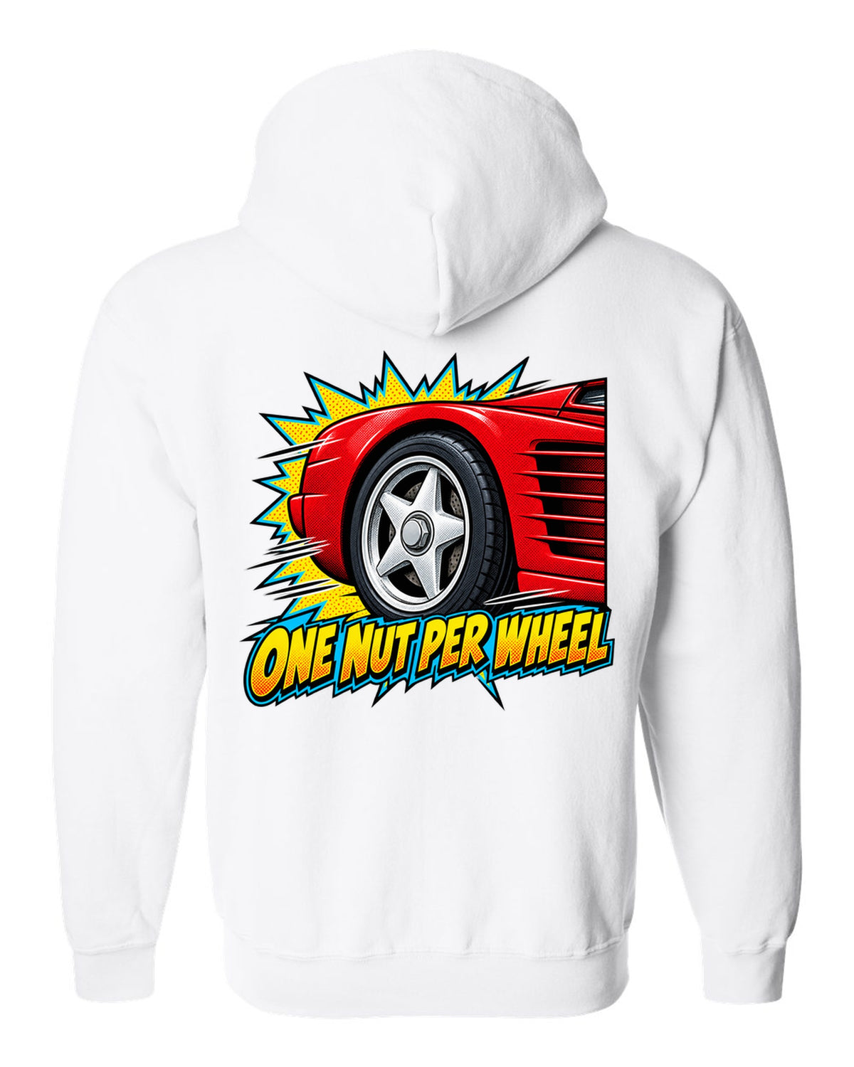 Comic halftone pop art of a Ferrari Testarossa five-star wheel white zip hoodie back view with the design
