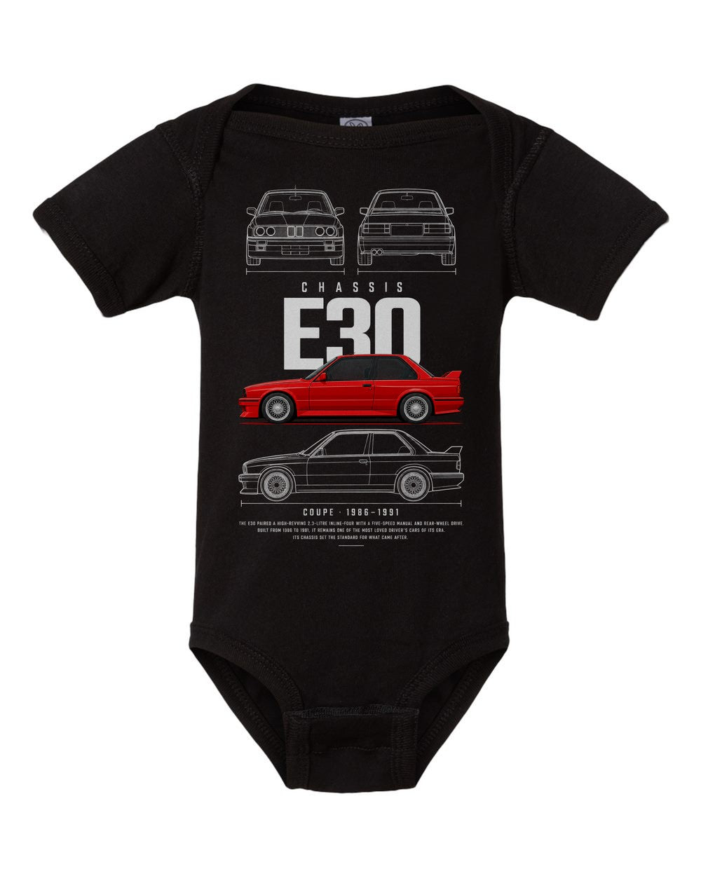 E30 artwork black baby onesie front view
