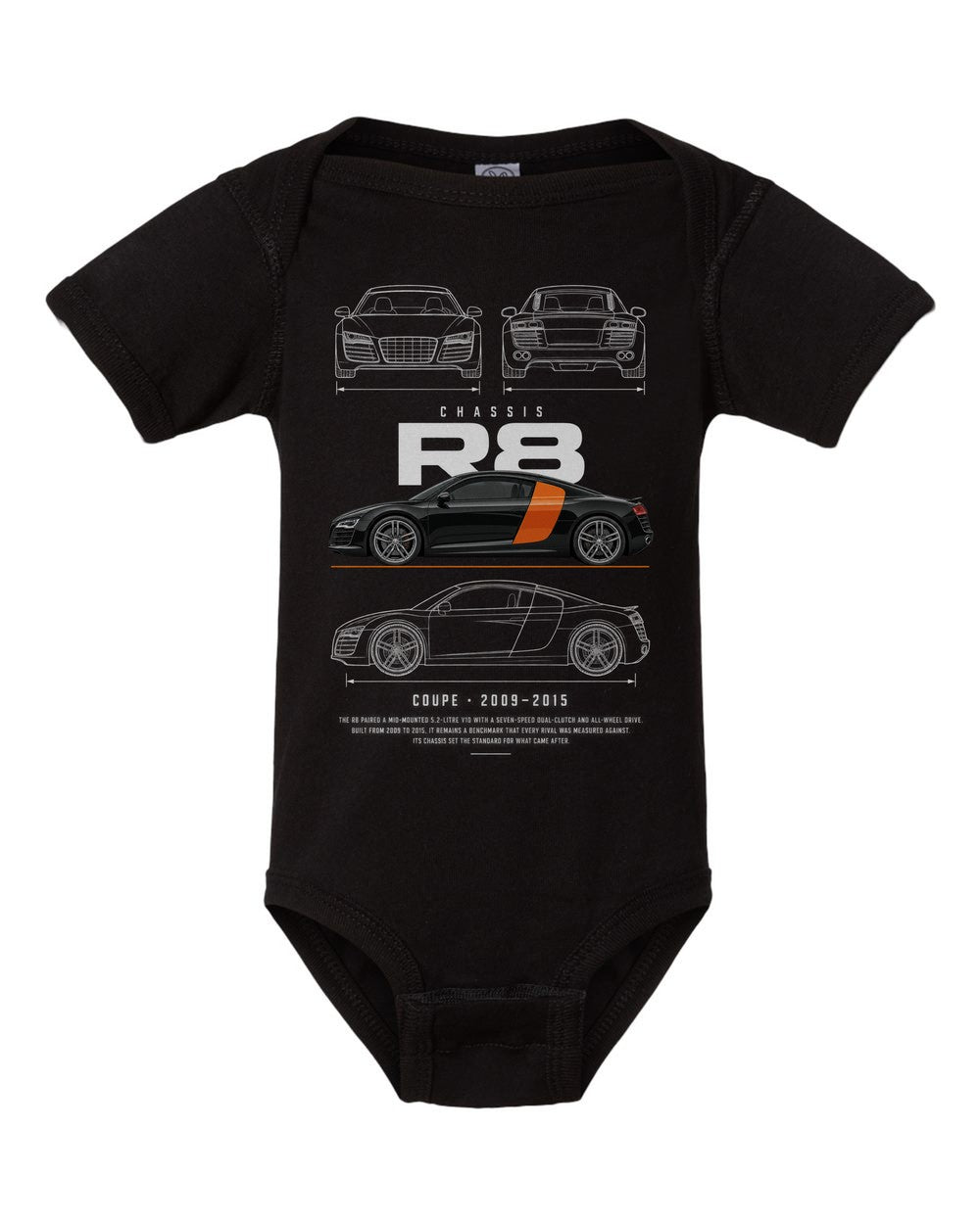 R8 artwork black baby onesie front view