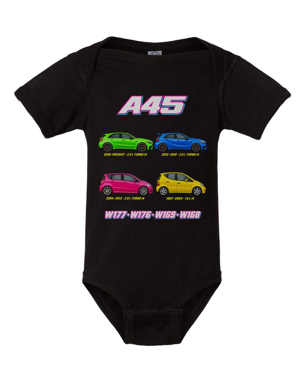 Mercedes A Class evolution poster black baby onesie front view