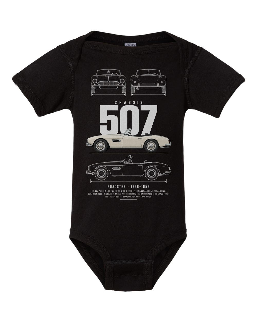 507 artwork black baby onesie front view