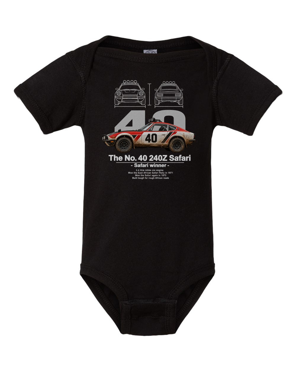 No. 40 240Z Safari black baby onesie front view
