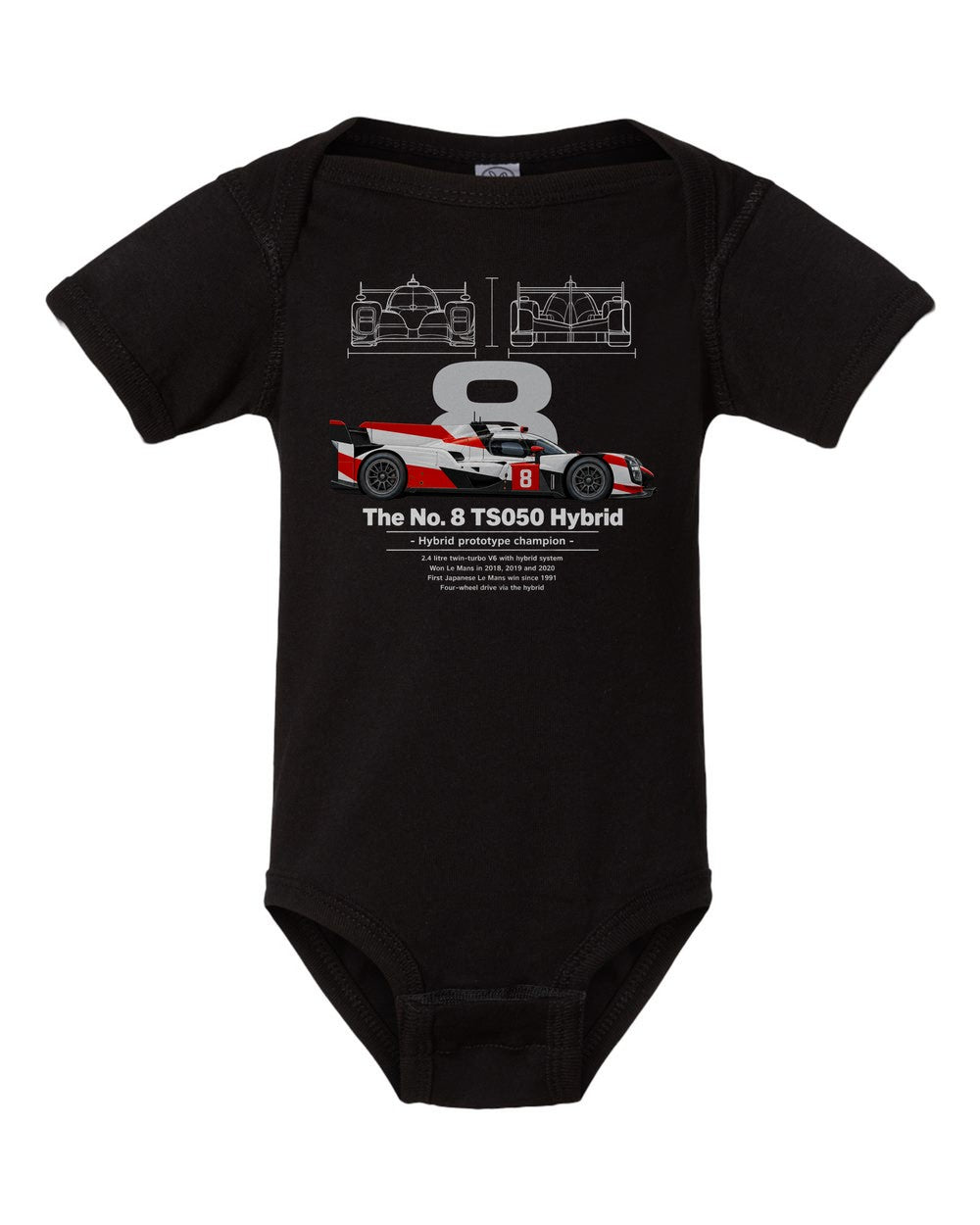 No. 8 TS050 Hybrid black baby onesie front view