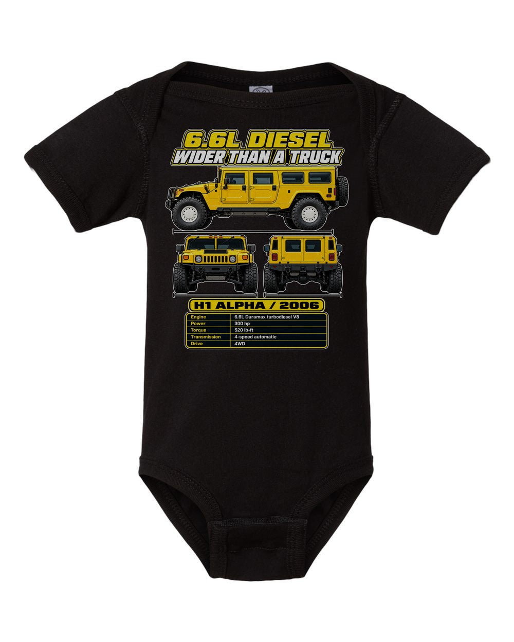 Hummer H1 Alpha spec sheet black baby onesie front view