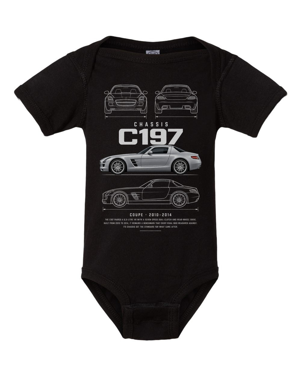 C197 artwork black baby onesie front view