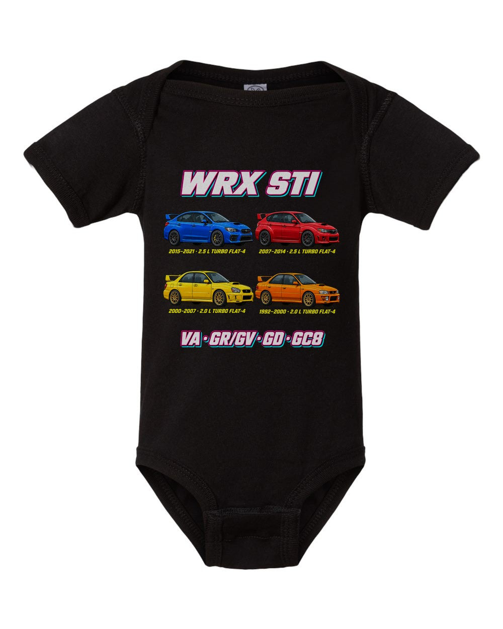 Subaru WRX STI evolution poster black baby onesie front view