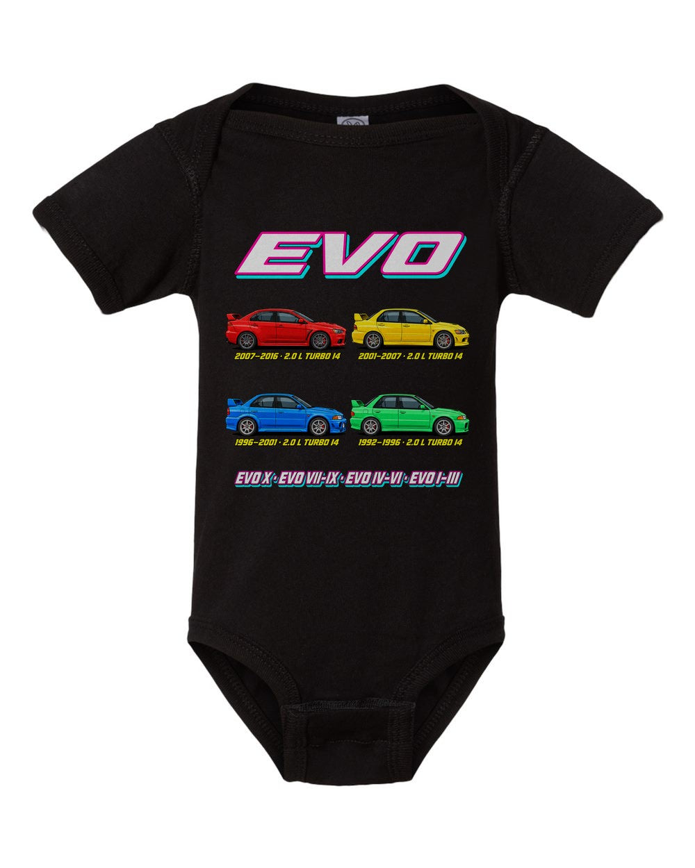 Mitsubishi Evo evolution poster black baby onesie front view