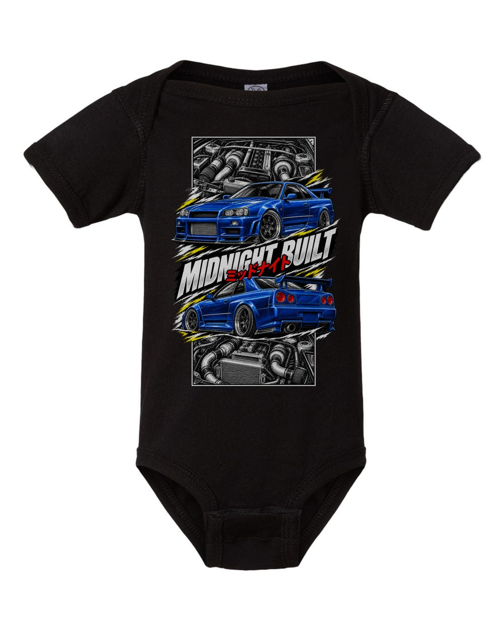 Nissan Skyline GT-R R34 torn poster black baby onesie front view