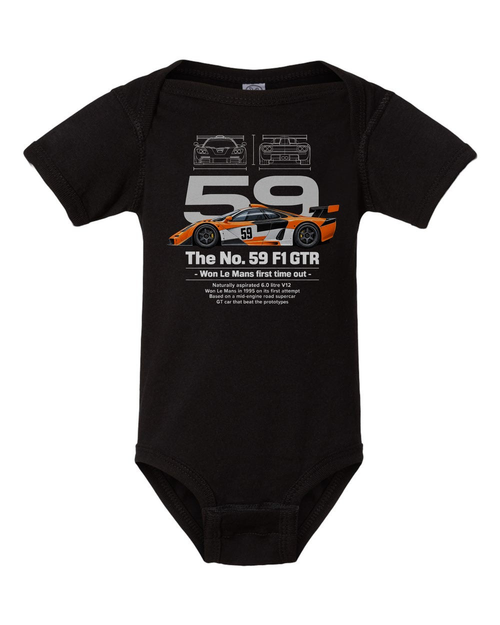 No. 59 F1 GTR black baby onesie front view
