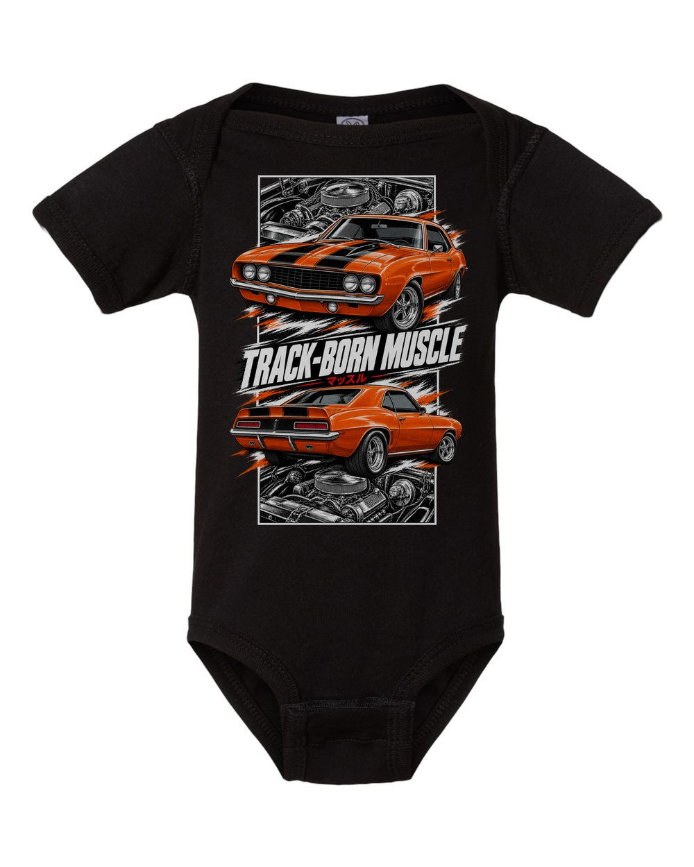 Chevy Camaro Z/28 torn poster black baby onesie front view