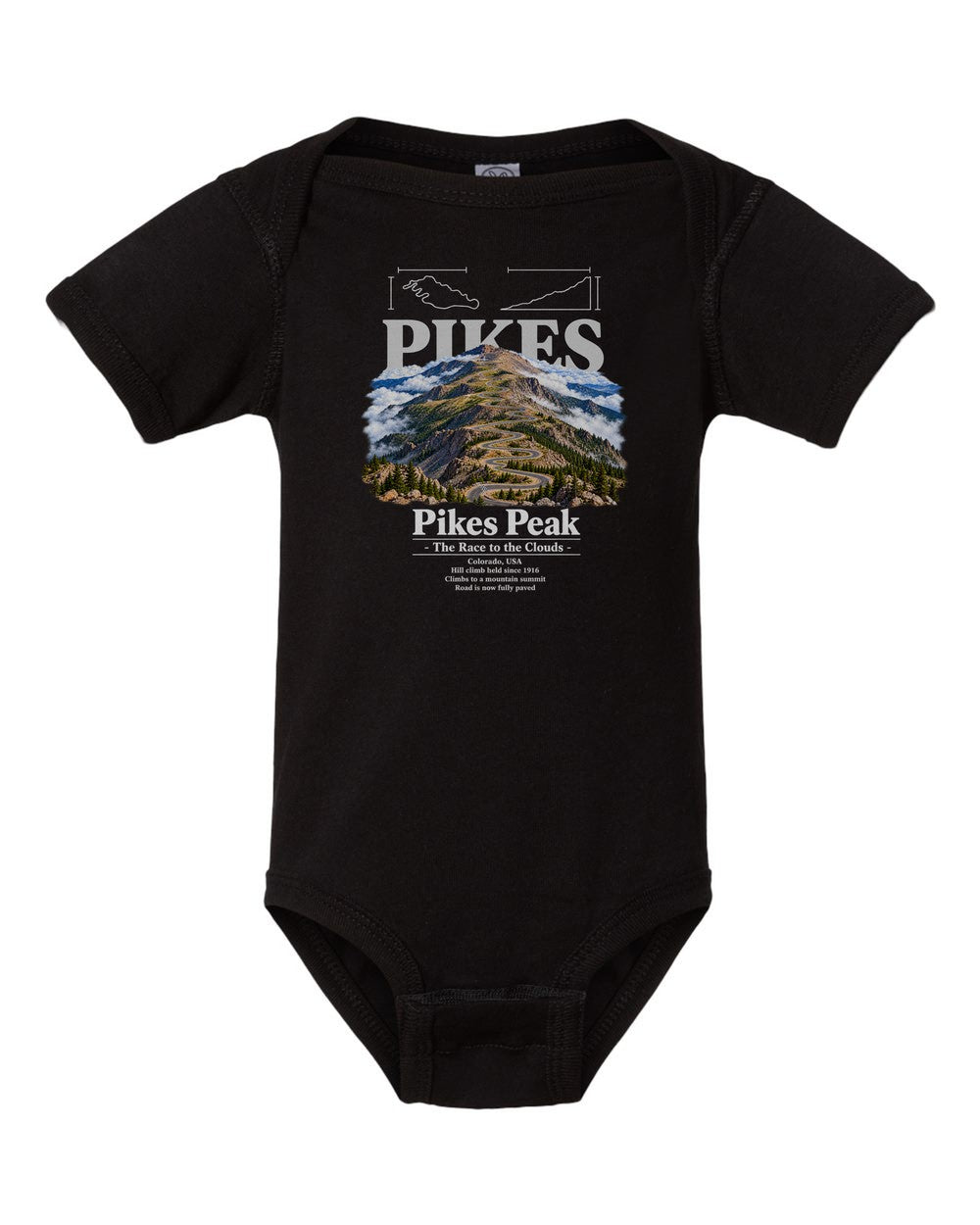 Pikes Peak black baby onesie front view
