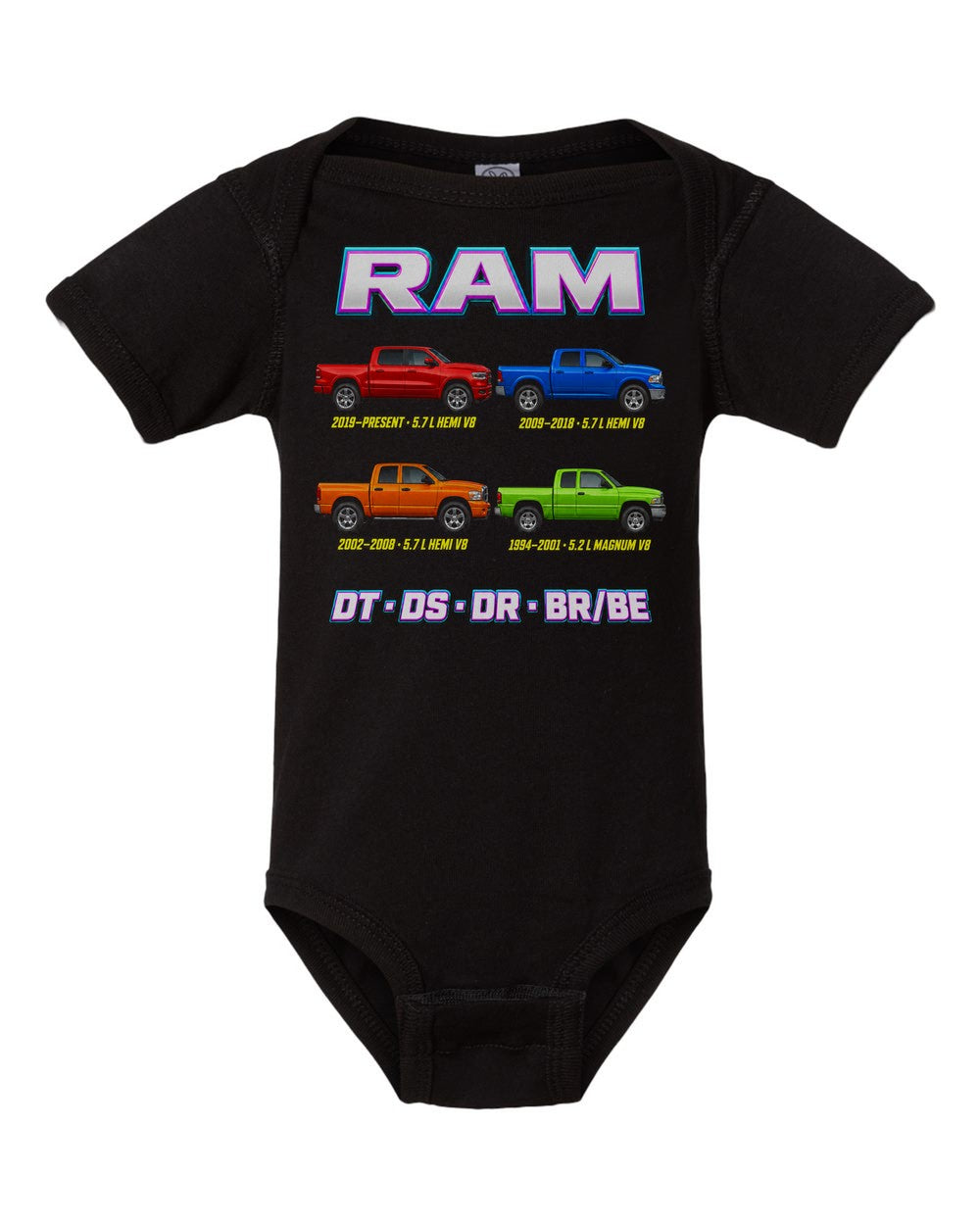 RAM 1500 evolution poster black baby onesie front view