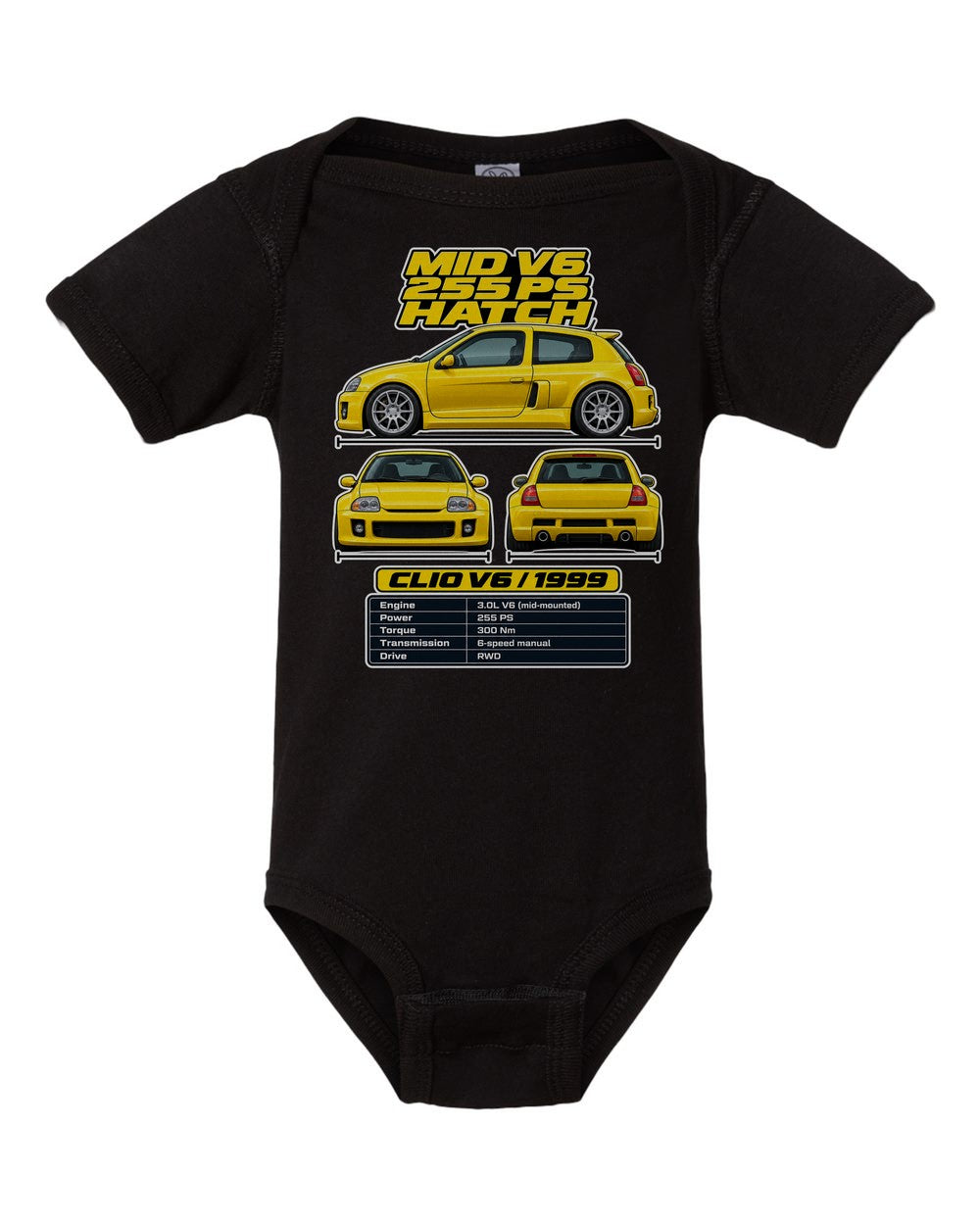 Renault Clio V6 spec sheet black baby onesie front view