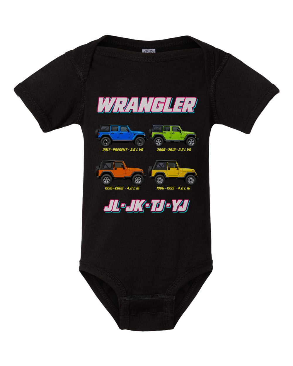 Jeep Wrangler evolution poster black baby onesie front view