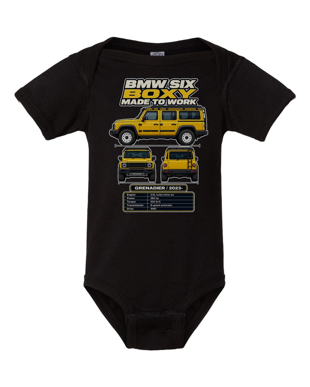 Ineos Grenadier spec sheet black baby onesie front view