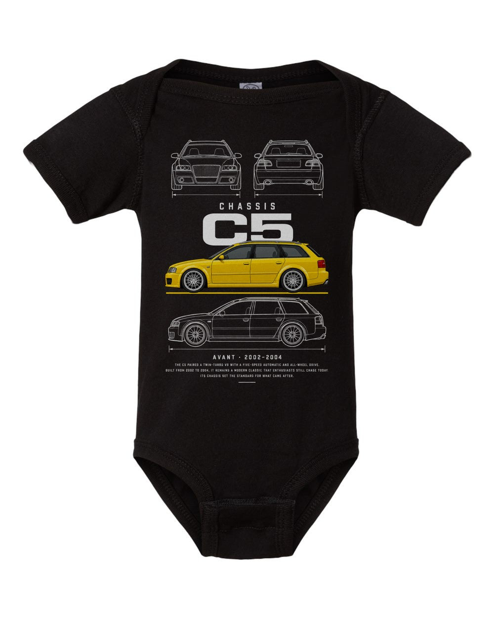 C5 artwork black baby onesie front view