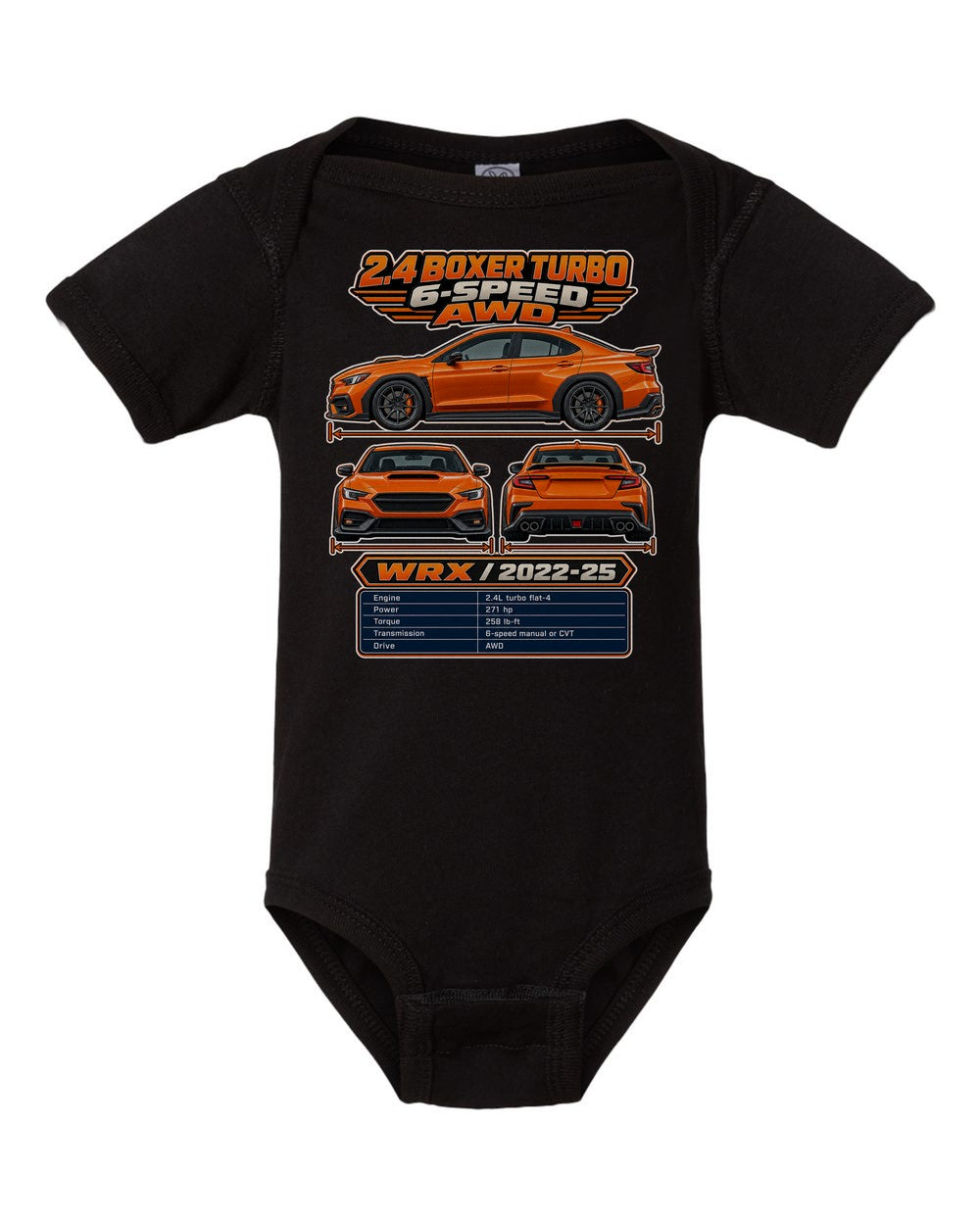 Subaru Wrx Vb spec sheet black baby onesie front view