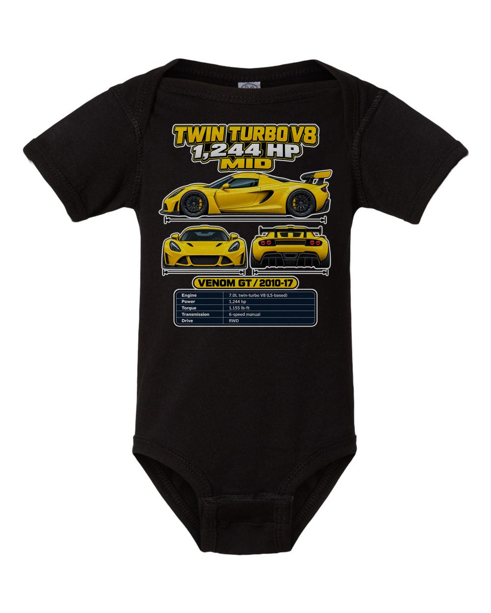 Hennessey Venom Gt spec sheet black baby onesie front view