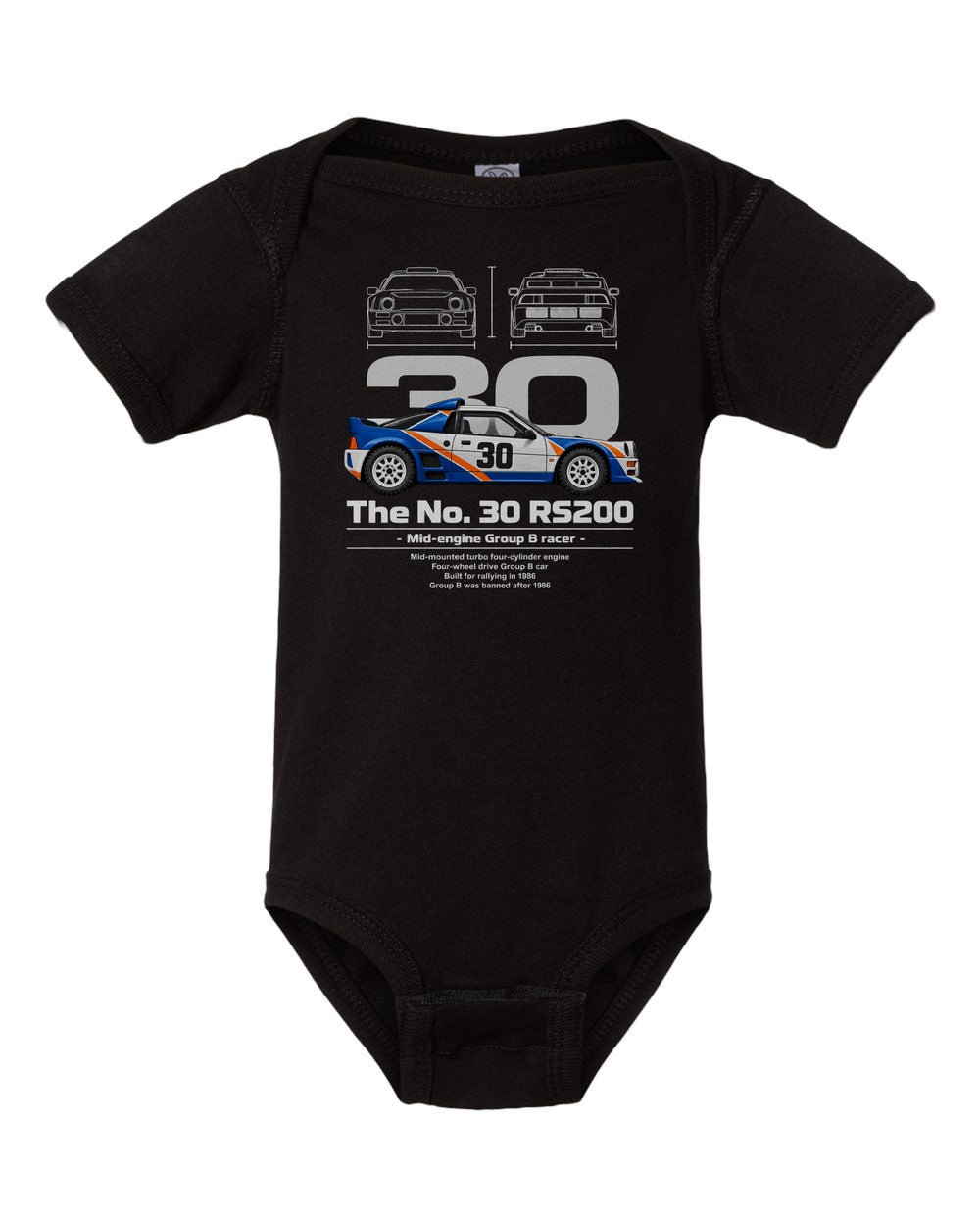 No. 30 RS200 black baby onesie front view