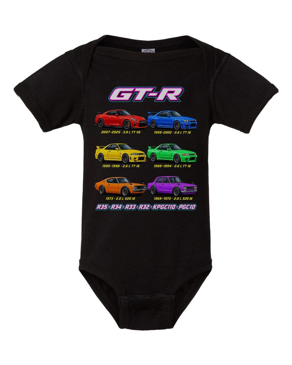 Nissan Skyline GT-R evolution poster black baby onesie front view
