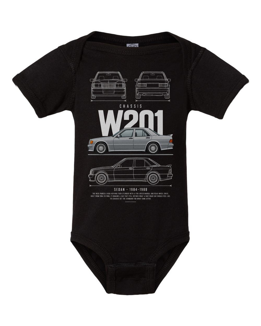 W201 artwork black baby onesie front view