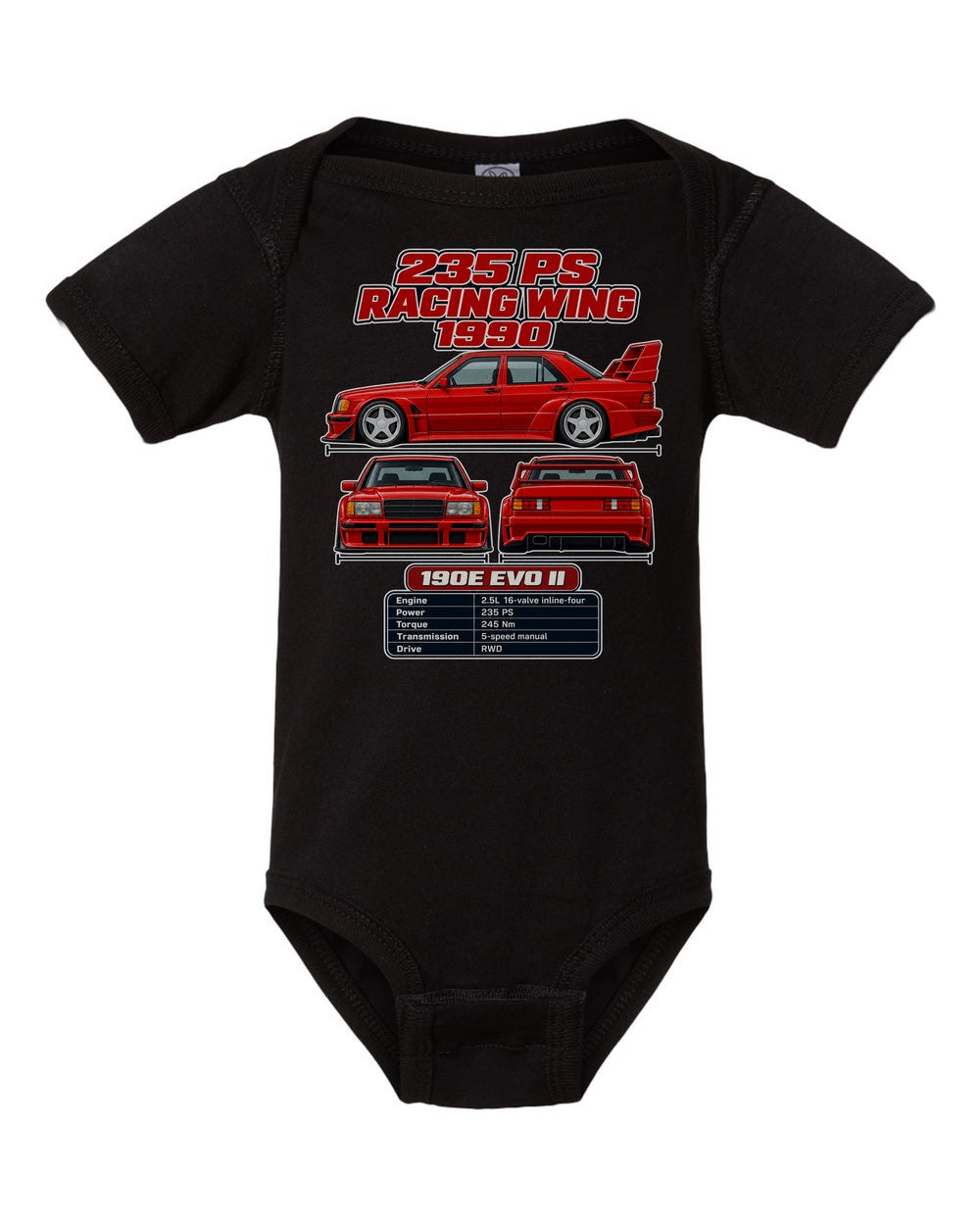 Mercedes 190E 25 16 Evo Ii spec sheet black baby onesie front view