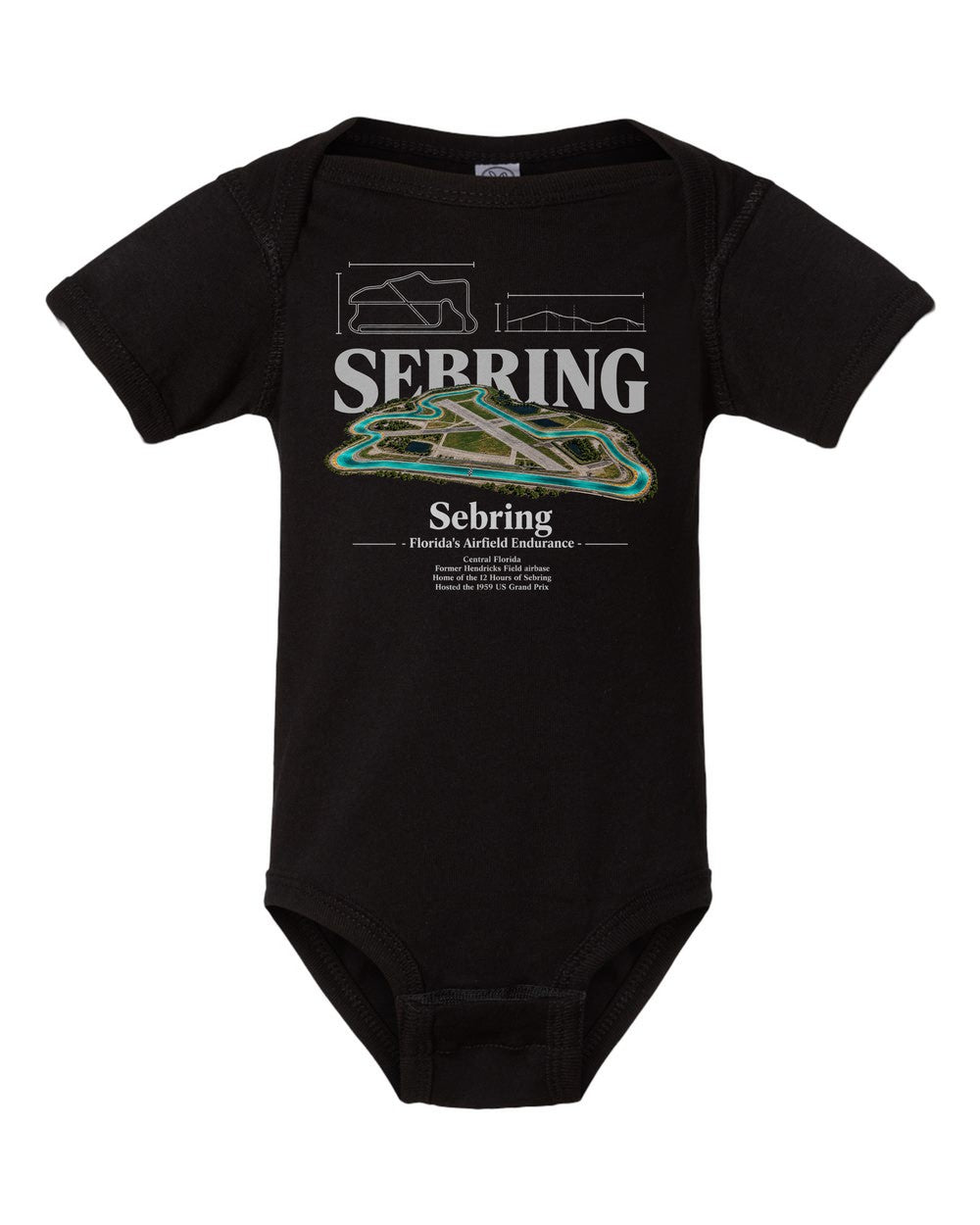 Sebring black baby onesie front view