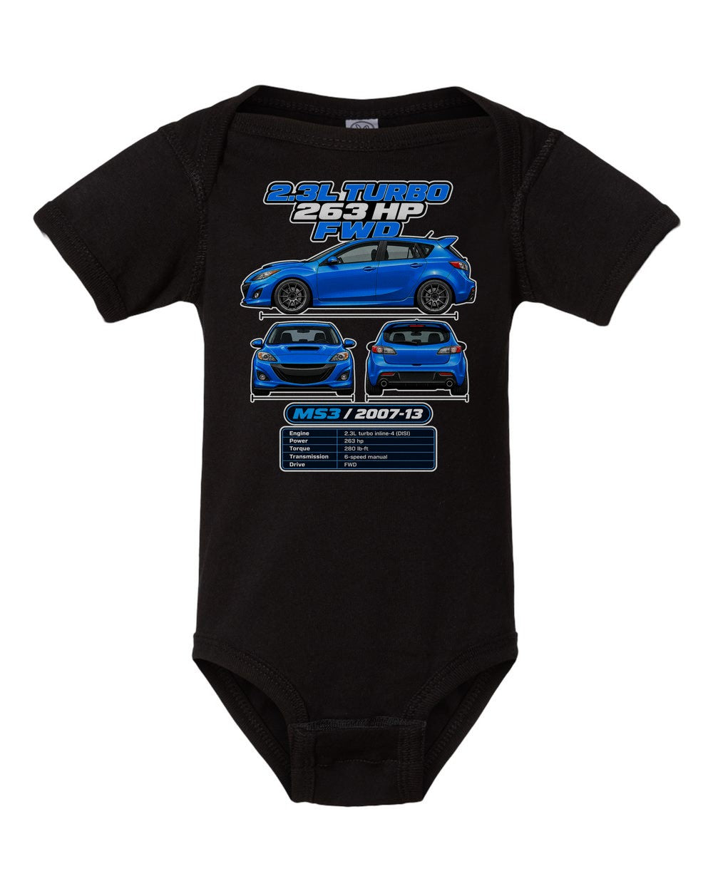 Mazda Mazdaspeed3 spec sheet black baby onesie front view