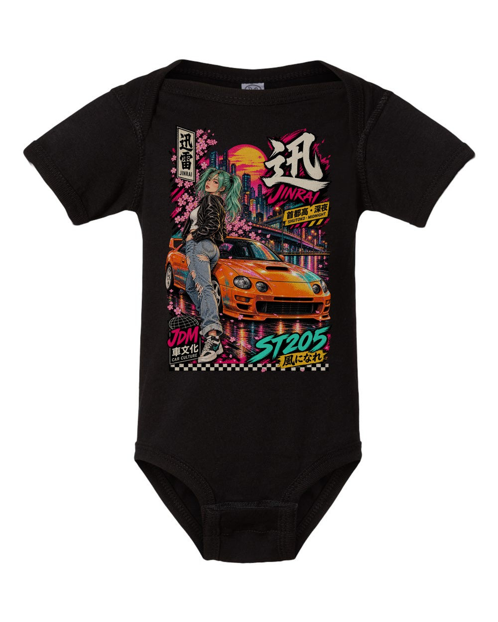 JINRAI ST205 black baby onesie front view with artwork