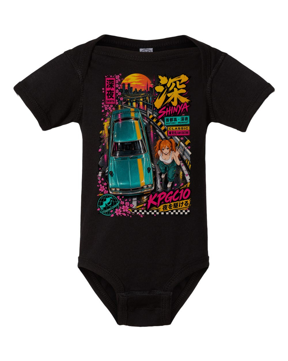 SHINYA KPGC10 black baby onesie front view with artwork