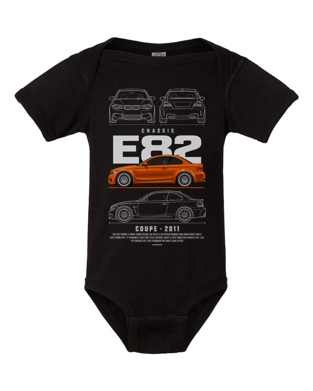 E82 artwork black baby onesie front view