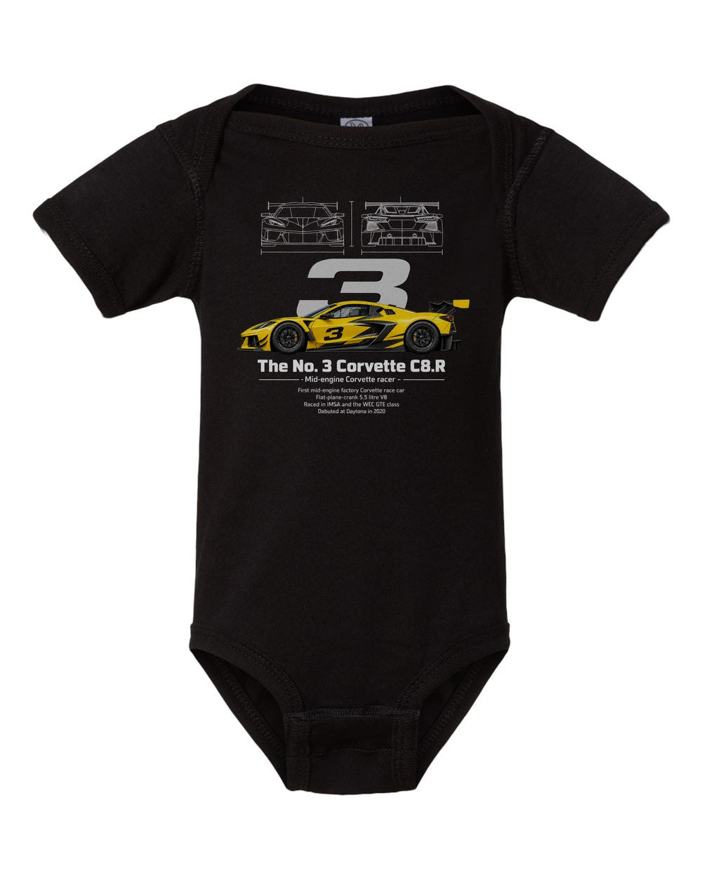 No. 3 Corvette C8.R black baby onesie front view