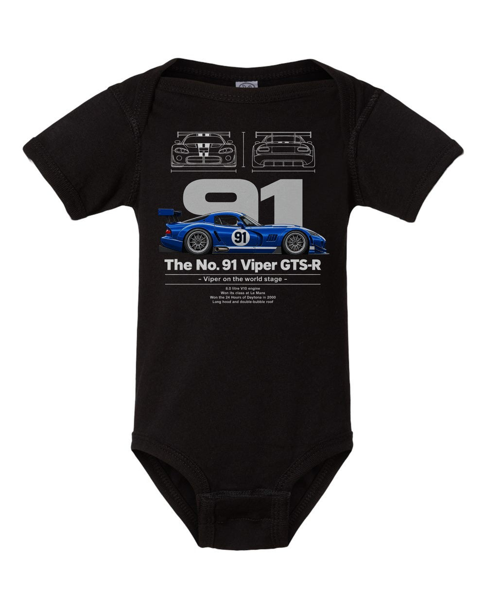 No. 91 Viper GTS-R black baby onesie front view