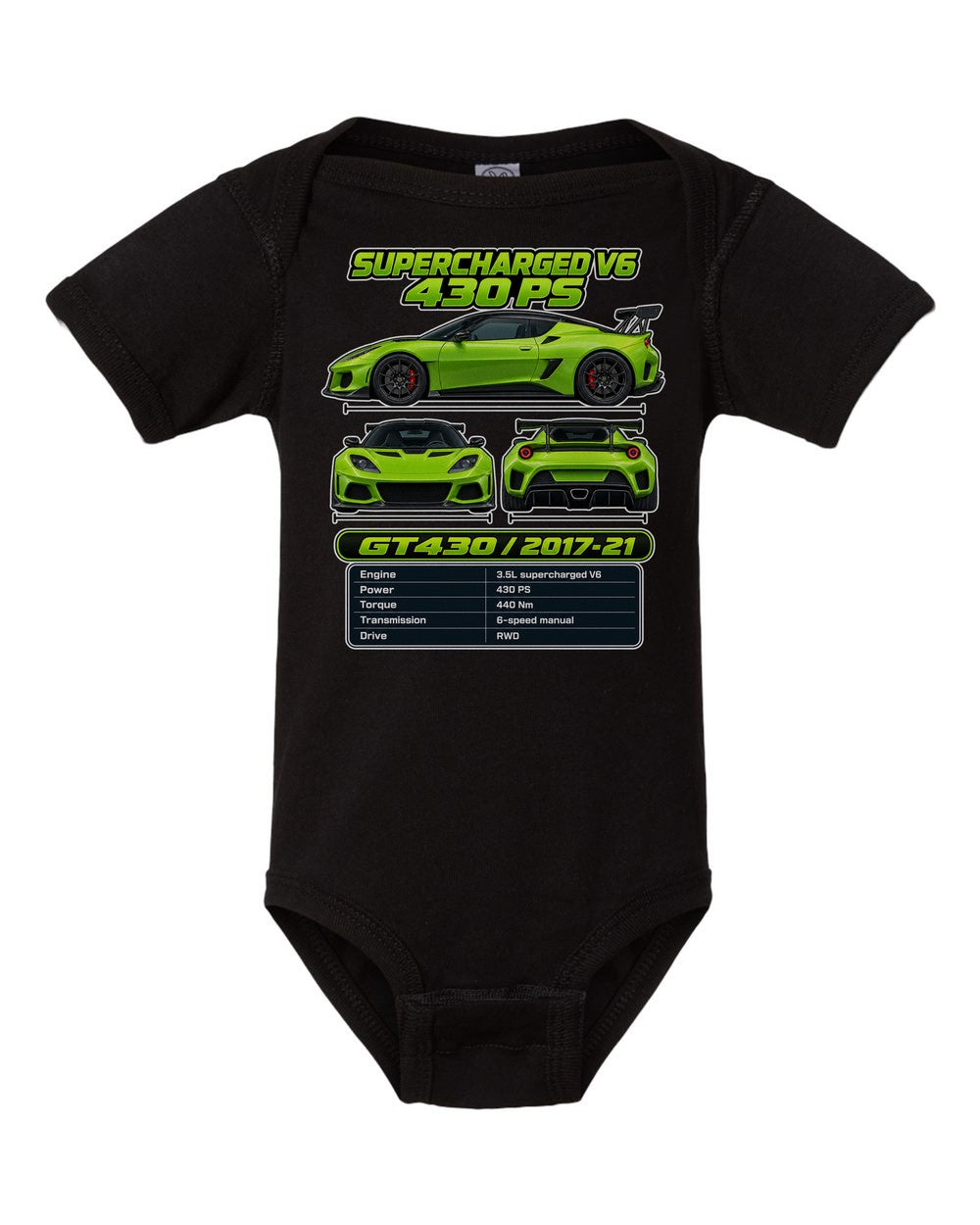 Lotus Evora Gt430 spec sheet black baby onesie front view