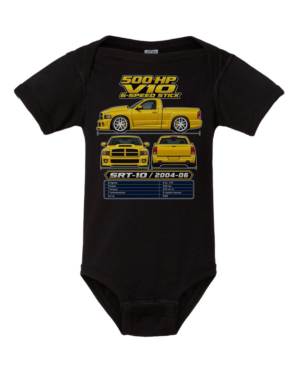 Dodge RAM Srt10 spec sheet black baby onesie front view