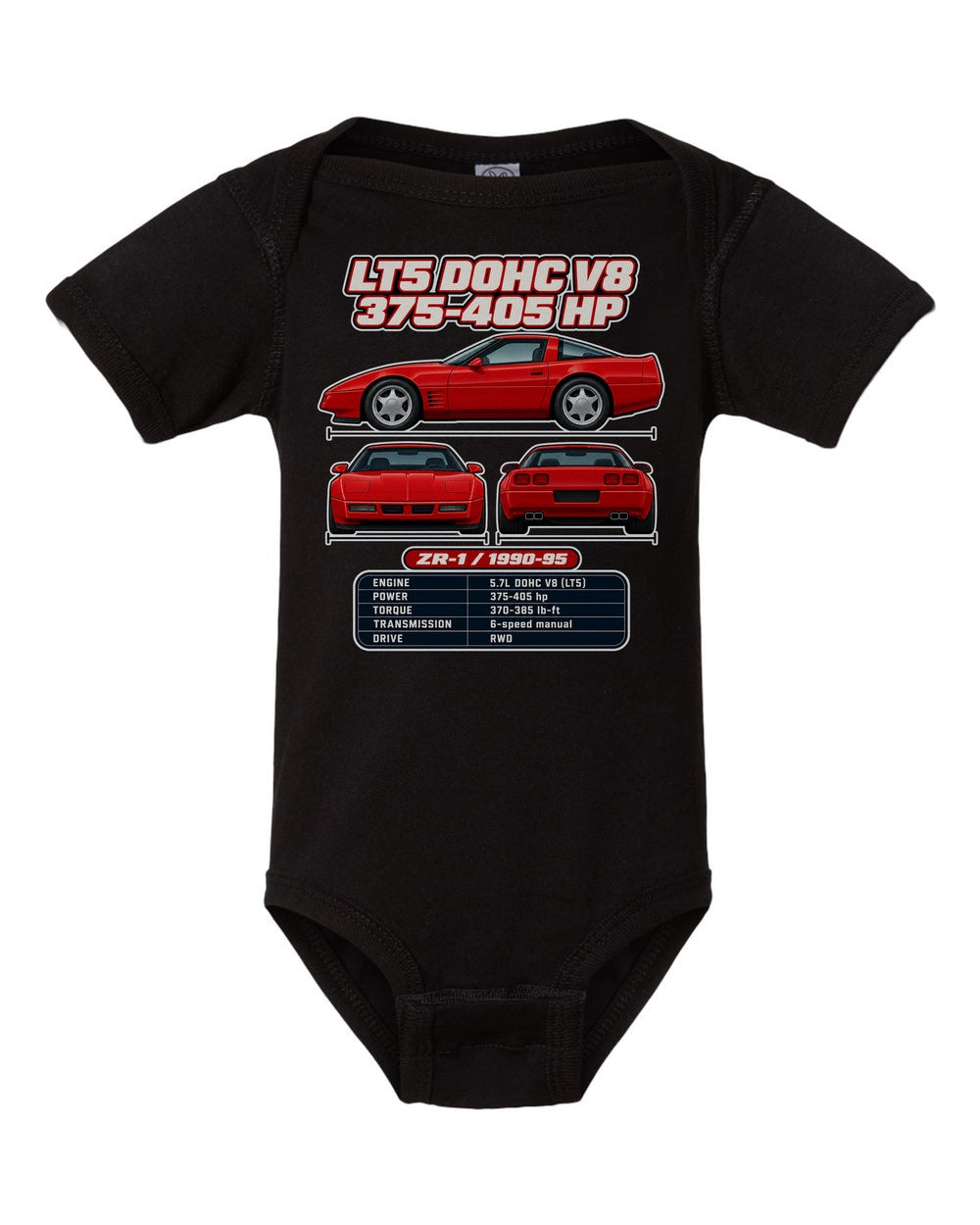 Chevrolet Corvette C4 Zr1 spec sheet black baby onesie front view