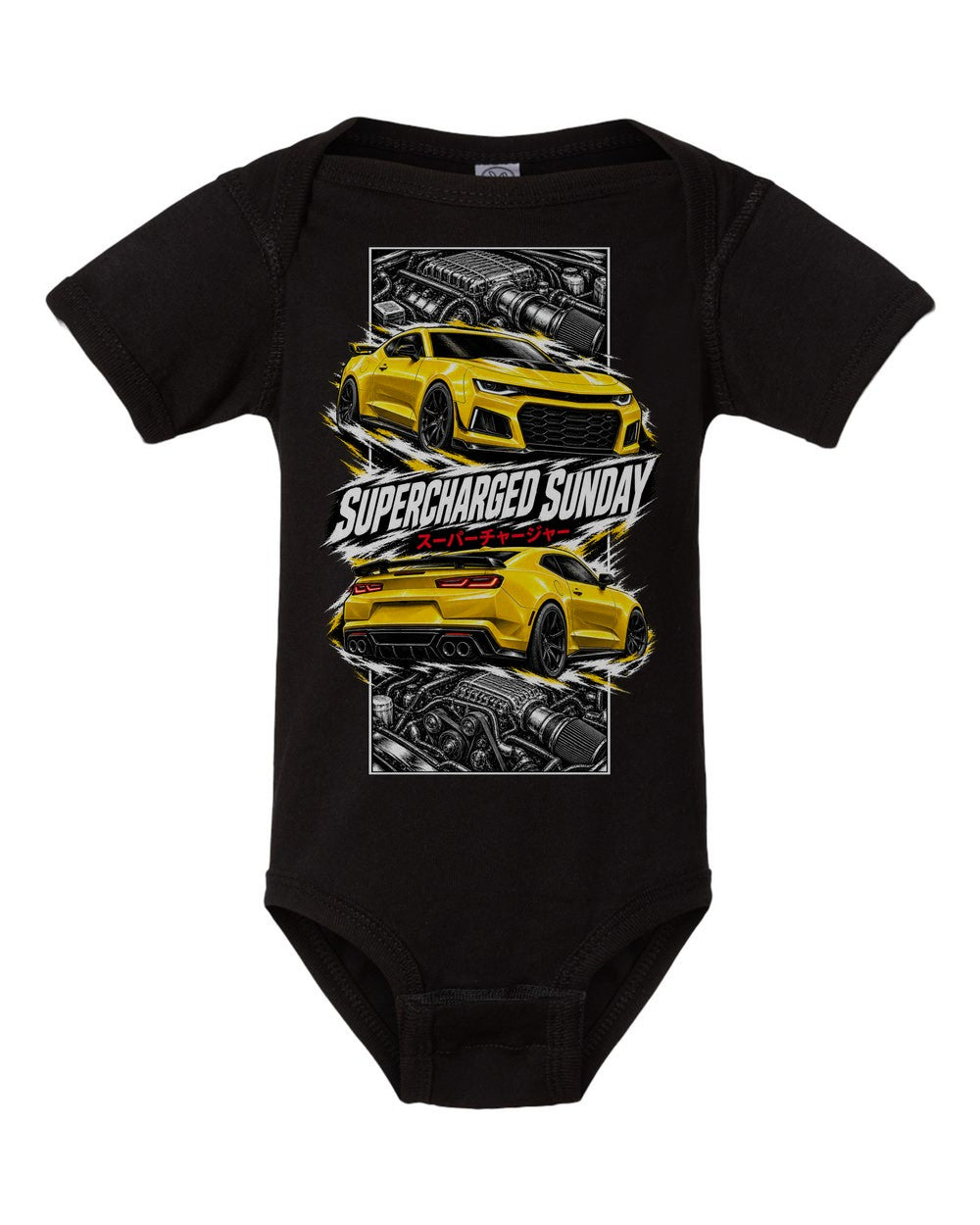 Chevy Camaro ZL1 torn poster black baby onesie front view