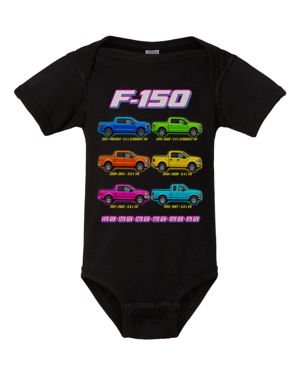 Ford F-150 evolution poster black baby onesie front view
