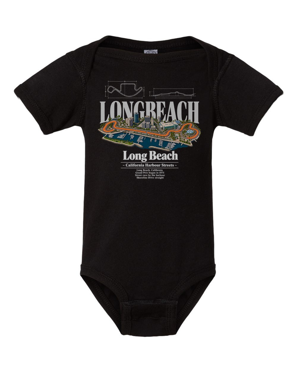 Long Beach black baby onesie front view