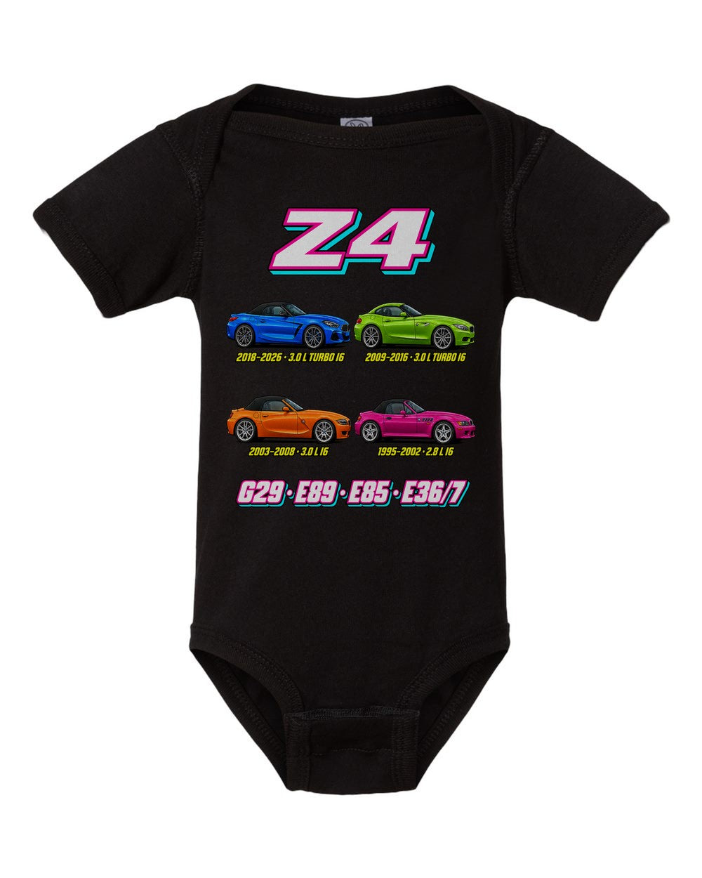 BMW Z evolution poster black baby onesie front view