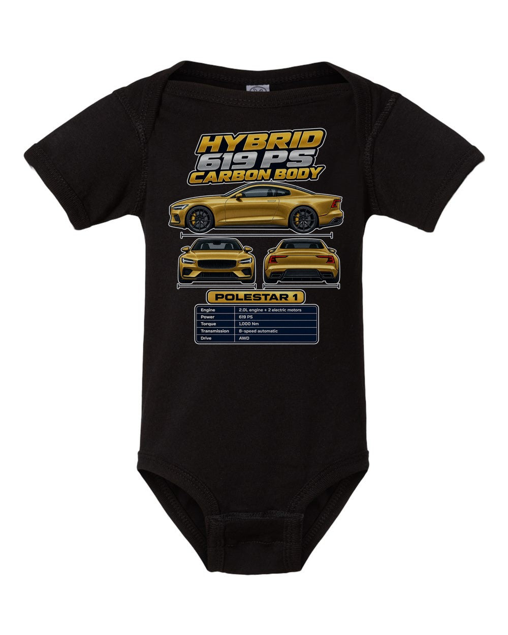 Polestar 1 spec sheet black baby onesie front view